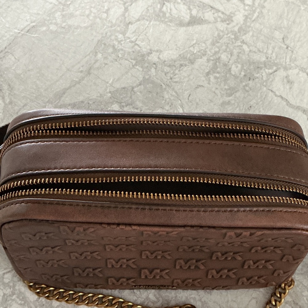 Michael Kors Chocolate Brown MK Signature Crossbody with Gold Chain - Picture 3 of 3